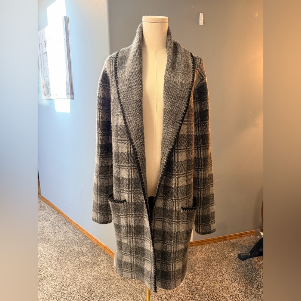 🖤 Plaid Coatigan, Cardigan Coat – Size L – Grey & Black